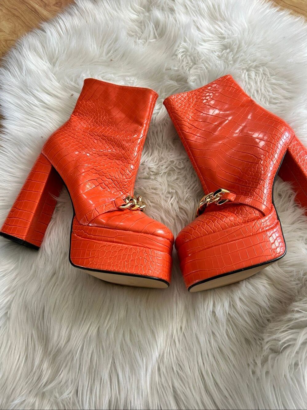 Ego orange Chunky Heels Short Boots, Waterproof Platform Back Zipper High Heel B